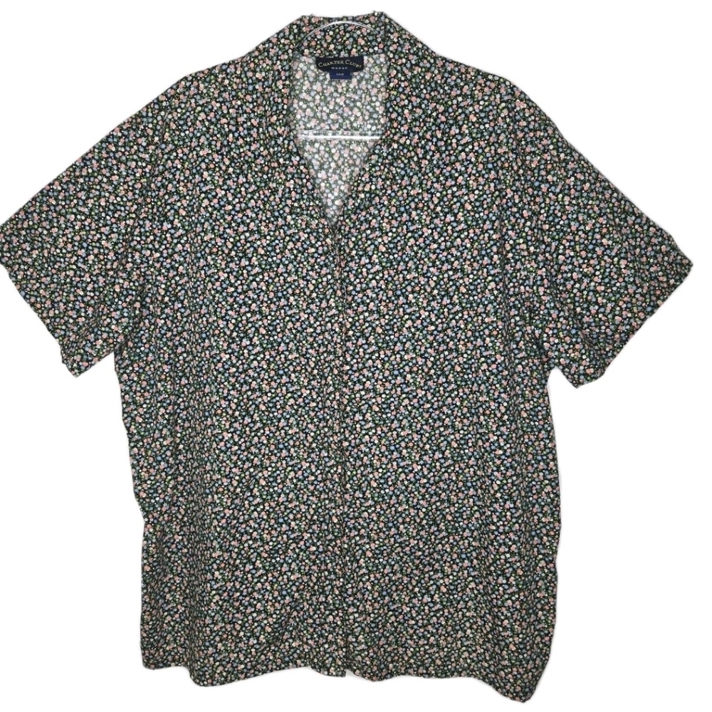 Charter Club Woman Ditsy Floral Shirt Size 20W Black Cotton Cottagecore Grandma